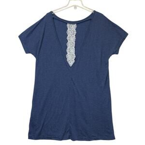 Blue Short Sleeve Lace Back T-Shirt Women’s 1XL Soft Casual Top